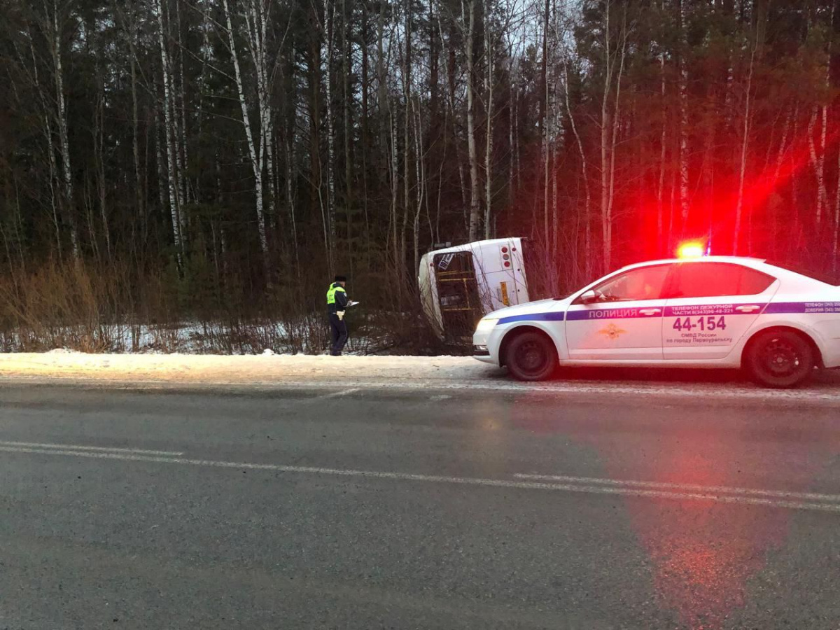 Автобус вылетел с трассы и перевернулся Автобус вылетел с трассы и перевернулся
