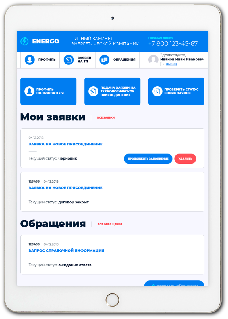 Личный кабинет для электросетевой организации